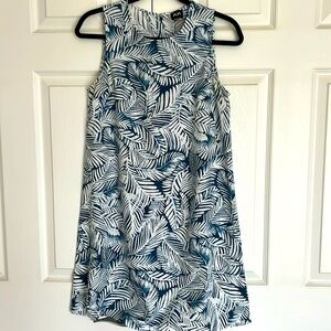 Tropical blue and white print dress. Above knee length